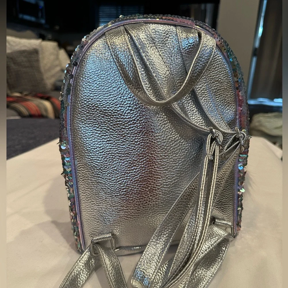 Justice Small Silver Sequin Backpack with Pom Pom Initial (Letter N)